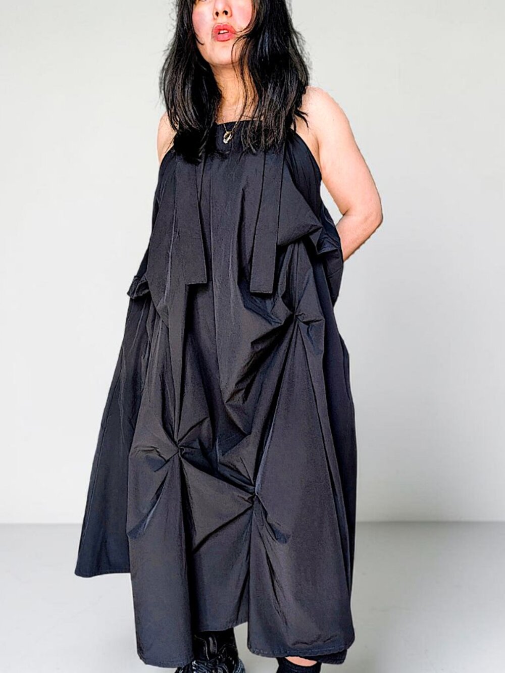 Japanese avant garde cotton blend black minimalist deconstructed pinafore dress